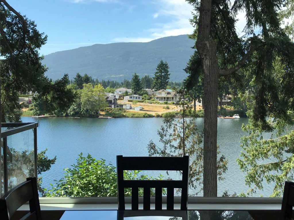 View of Long Lake from Lakefront Terrace rental home in Nanaimo. BC